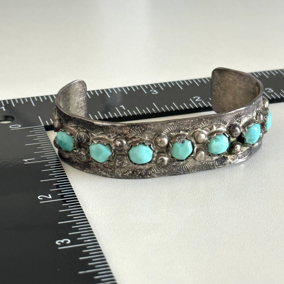 Vintage 925 Sterling Silver Turquoise Native American Etched Cuff Bracelet 6.5" - Picture 9 of 11